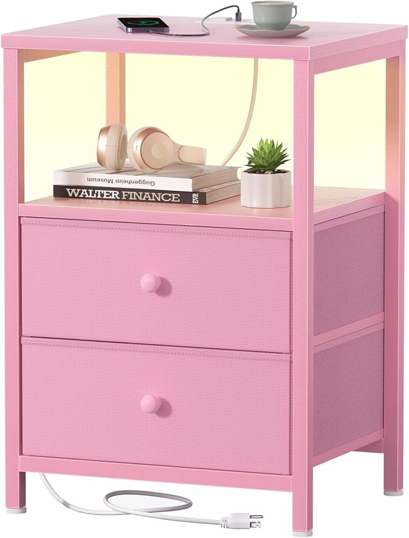 BOLUO Pink Nightstand with Charging Station, LED Night Stand with 2 Fabric Drawers, Bedside Table with USB Ports and Outlets, Nightstand for Bedroom Modern