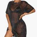 Floerns Women's Glitter Sparkly Short Sleeve Sexy Party Dress Sheer Mesh Loose Club Rave Concert Festival Short Dress ,Black,  XS