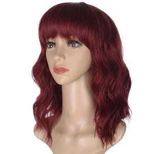morvally Short Wine Red Wavy Bob Wig with Bangs for Women 16 Inches Natural Synthetic Burgundy Hair Wavy Wigs