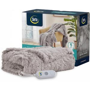 Serta Mila Shaggy Heated Throw Blanket - Soft Faux Fur Heated Blanket, Fast Heating, Auto Shut Off Timer, Low EMF, 5 Heat Setting, ETL Certified, Machine Washable Electric Blanket, Ash Grey 50"x60"