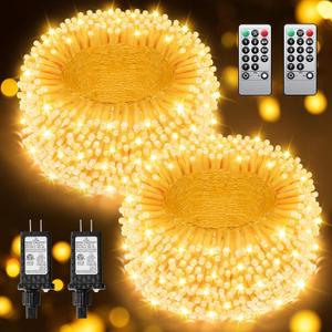 Warm White Christmas Lights Outdoor Total 710FT 1800 LED , 2 Packs 900 LED Outdoor String Waterproof, Timer & Memory, 8 Modes Dimmable Plug in Fairy for Outside Tree Holiday Party Wedding Decor