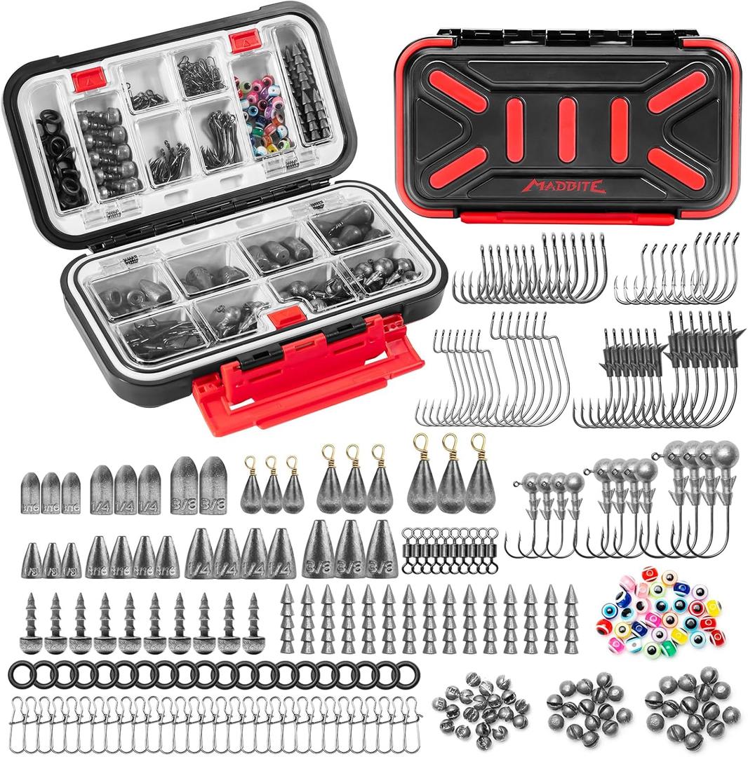 MadBite Freshwater Terminal Tackle Kits-265 Pieces, Endorsed by Fishing Expert, Build 12+ Rigs, Fishing Hooks Accessory Kit, Fishing Gear, Weights&Sinkers, Jig Hooks, Floats and Bobber