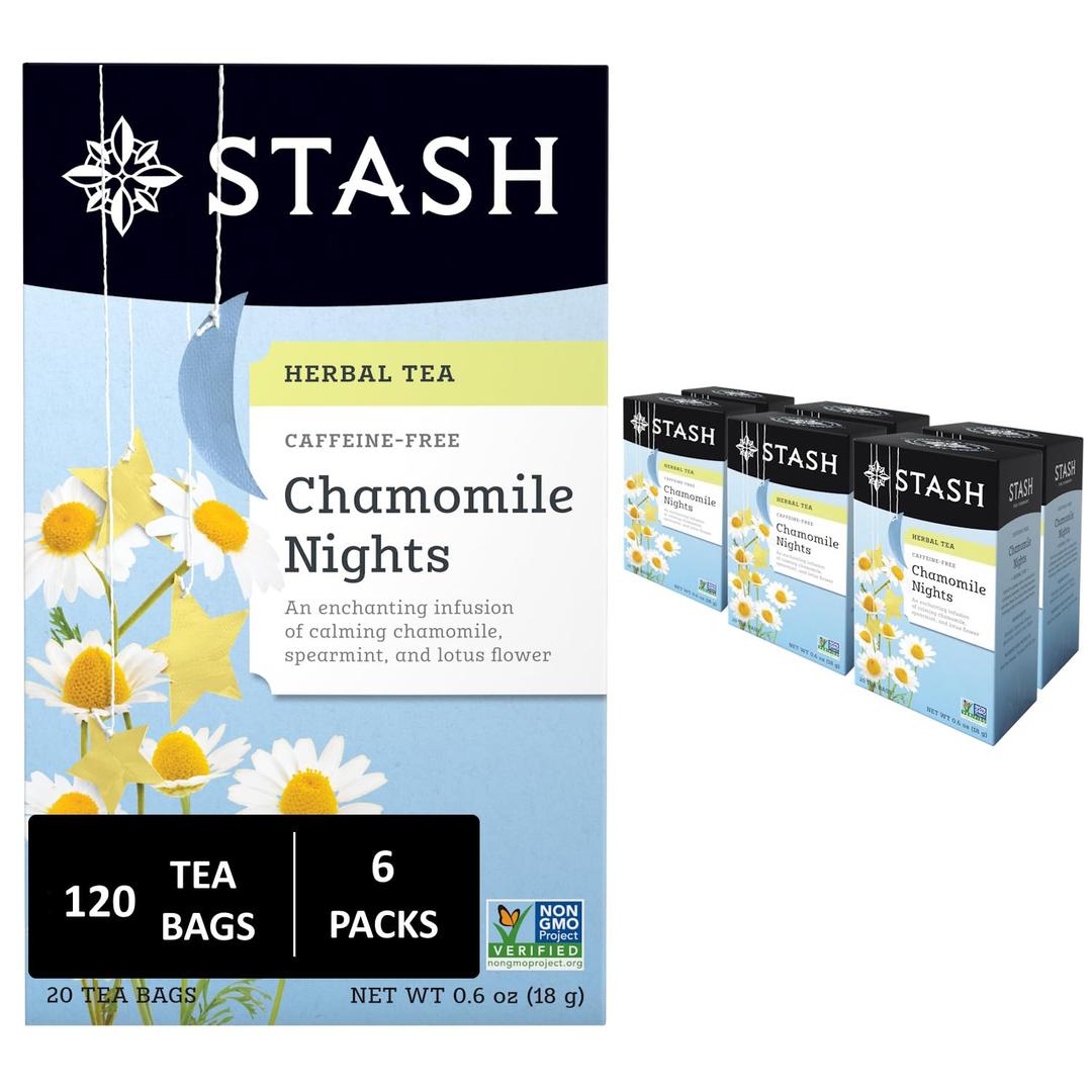 Stash Tea Chamomile Nights Herbal Tea - Naturally Caffeine Free, Non-GMO Project Verified Premium Tea with No Artificial Ingredients, 20 Count (Pack of 6) - 120 Bags Total (EXP 02/18/28)