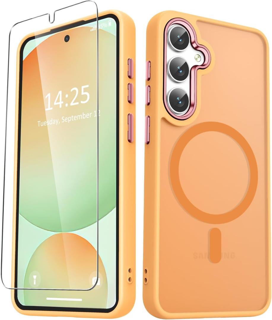 for Samsung Galaxy S25 FE Case, Matte Magnetic Phone Case with 1 Screen Protector, Support for Magsafe, Translucent Frosted Shockproof Protective Cover for Samsung Galaxy S25 FE, Yellow