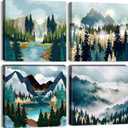 Abstract Nature Wall Art Boho Mountain Forest Pictures Living Room Wall Decor Watercolor Teal Green Mistry Landscape Canvas Painting Modern Geometric Artwork Bedroom Bathroom Home Decoration 12x12" 4P