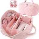 Makeup Bag,Wideopen Toiletry Bag for Women, 180 Lay-Flat Water-Resistant Large Cosmetic Case, Puffy Padded Travel Organizer for Toiletries & Brushes Large Capacity with Compartments (Pink)