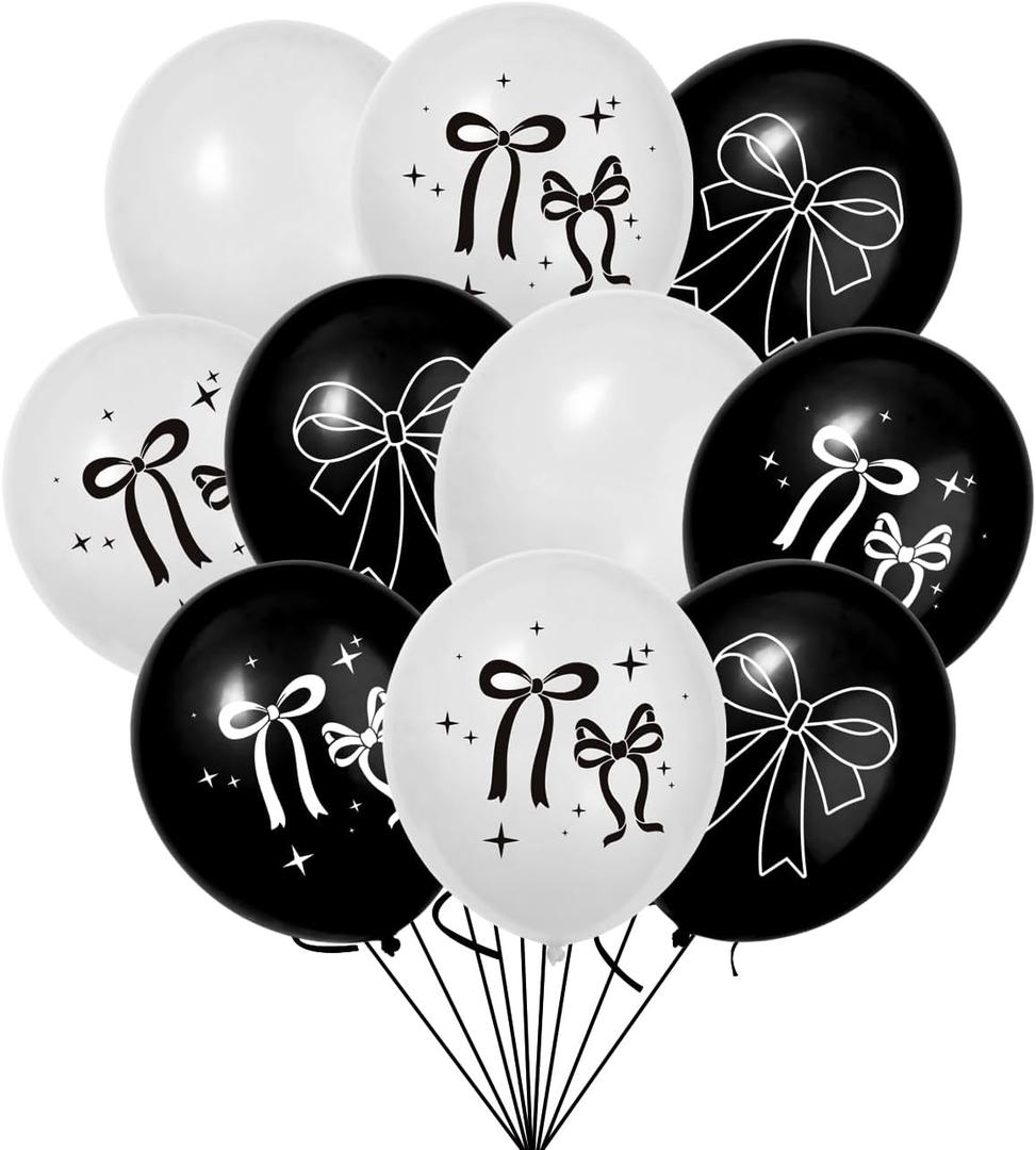 60 Pcs Black Bow Balloons,Coquette Birthday Decorations,12-inch Latex Black White Bow Balloons for Birthday Party Bachelorette Decorations Bridal Engagement Wedding Bow Theme Party Supplies