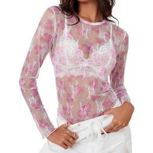 AKEWEI Womens Mesh Long Sleeve Tops Crew Neck Sexy See Through Tee Shirts Party Club Night Lace Blouse Small