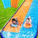 Sloosh 22.5FT Double Water Slides, Heavy Duty Lawn Slide with Sprinkler and 2 Inflatable Boards Backyard Yard Lawn Summer Outdoor Water Toy for Kids Adults