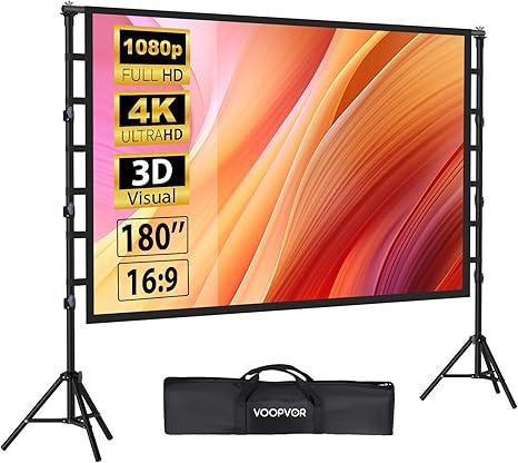 180 Inch Outdoor Projector Screen with Stand: VOOPVOR Portable Projection Screen and Stand, Indoor Rear Front Movie Screen 16:9 4K HD, with Carry Bag, Height Adjustable for Home Theater RVs Camping