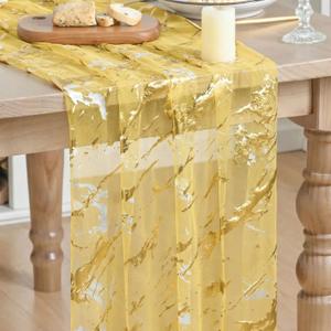 2 x Artoid Mode Marble Pattern Yellow Gauze Table Runner 10FT, Glitter Metallic Foil Sheer Dining Wedding Anniversary Birthday Table Decor for Home Party