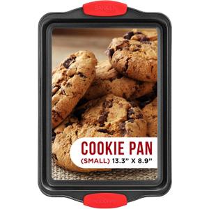 Nonstick Cookie Sheet Pan Carbon Steel Oven Tray Sheet Pan with Red Silicone Handles -Small Bakeware Pan Tray with Gray Coating Inside & Outside (Black)