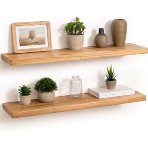 Floating Shelves 30" W x 8" D, Solid Elm Wood Shelves for Wall, 8 Inch Deep Floating Shelves for Home Storage & Display, Rustic Wooden Bathroom Shelves 30 Inch Long, Set of 2, Heavy-Duty Bookshelf