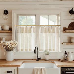 jinchan Linen Pinch Pleated Kitchen Curtains 30 Inch 2 Panels, Natural Linen Tier Curtains Back Tab Farmhouse Cafe, Light Filtering Small Window Drapes for Bathroom Laundry Room,  Beige