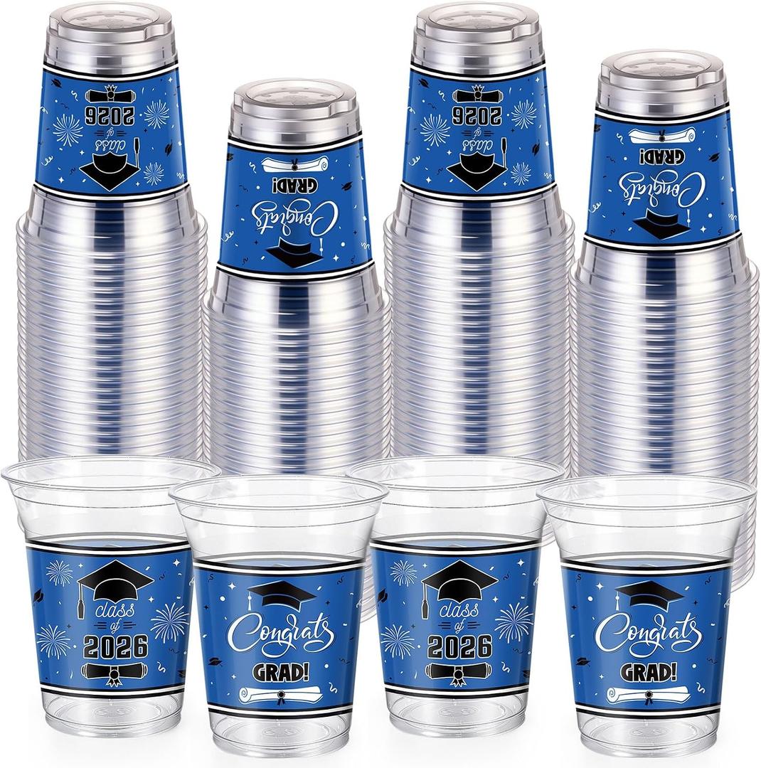 Honeydak 50 Pcs Graduation Cups 12 oz Class of 2026 Plastic Cups Blue and Black Graduation Party Disposable Drinking Glasses for Congrats Grad School Classroom Party Favors Supplies Decoration