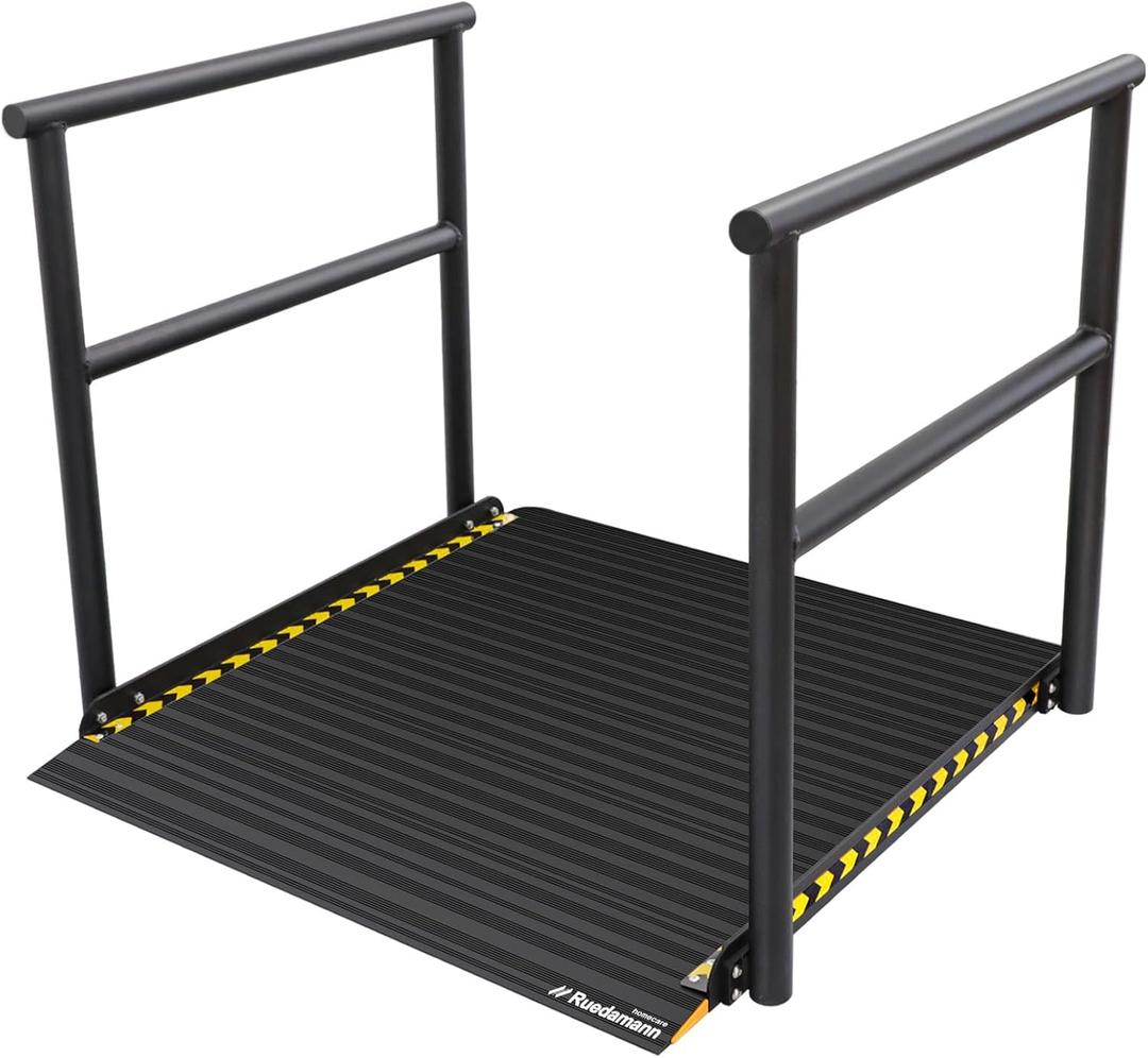 Ruedamann 36" L x 36" W Aluminum Wheelchair Ramp with Handrails, Non-Slip | Extra-Wide Platform, Dual Handrails, Ground Pins Included, For Home Steps & Doorways, Black