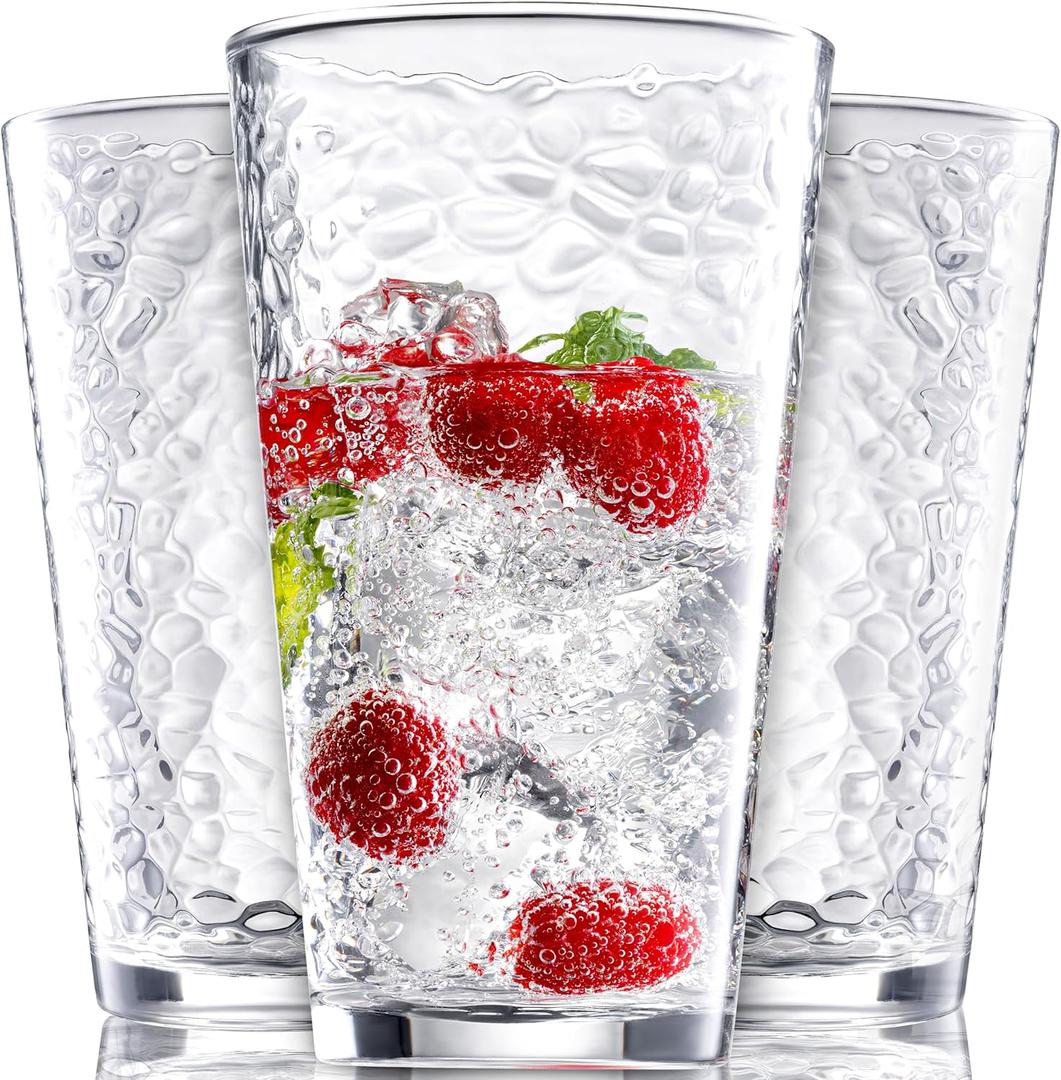 Set of 9Hammered Glass Cups, 16oz. Dishwasher Safe Cocktail Drinking Glasses - Clear Heavy Base Stemmed Water Glasses, Tall Beer Glasses, Bar Glass, Juice, Iced Tea, Margarita, & Everyday Drinks.