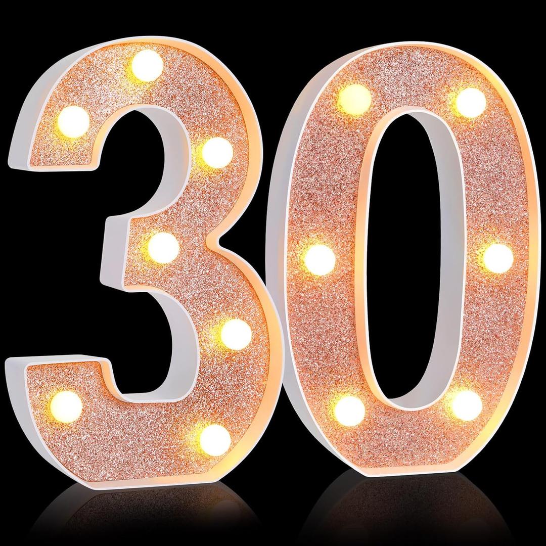 Treela 8.7'' Birthday Decorative LED Light up Numbers, Glitter Marquee Number Sign for Night Birthday Party Decorations Anniversary Bar LED Sign Backdrop Wall Table Centerpieces (30th,Rose Gold)