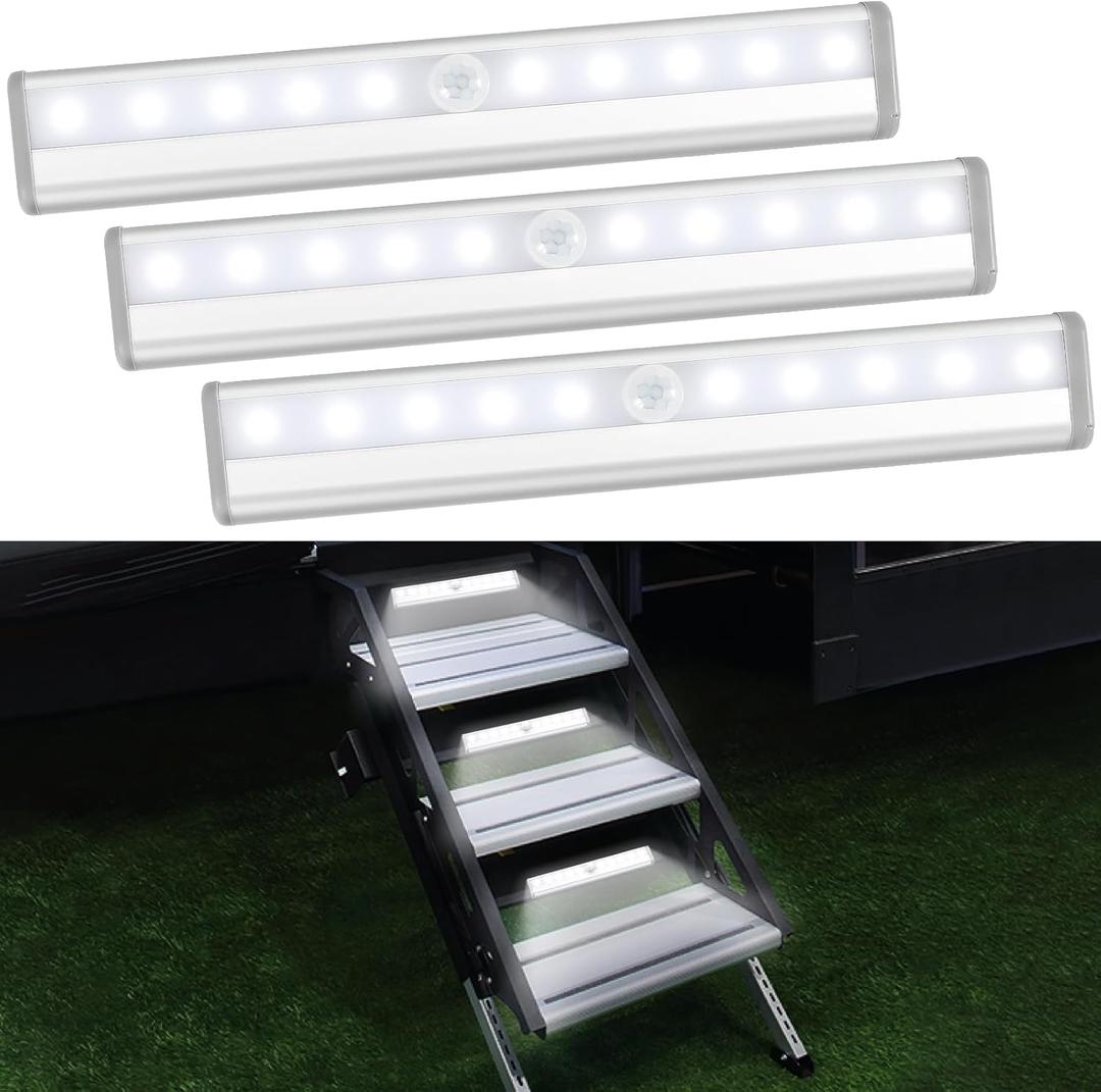 3 Pack Motion Sensor RV Step Lights, 10 LED Battery Operated Motorhome Motion Activated Light Strip, Magnetic Night Light Bar for Motorhome Travel, Trailers, Camper (White Light) (7.5)