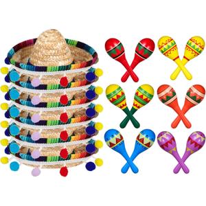 Honoson 12 Pcs Wooden Fiesta Maracas 6 Cinco De Mayo Mini Sombrero Top Hat for Sombrero Mexican Party Decor(18 Pcs,Fresh Style)