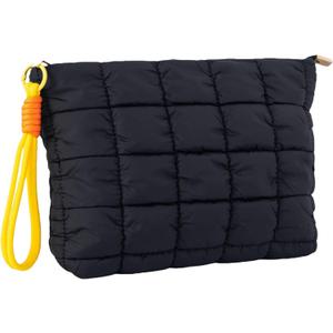 Black Puffer Quilted Makeup Bag for Women with Wrist Straps - 10" Roomy Puffy Cosmetic Pouch, Travel Toiletry Organizer Bag (BK-WS-BY)
