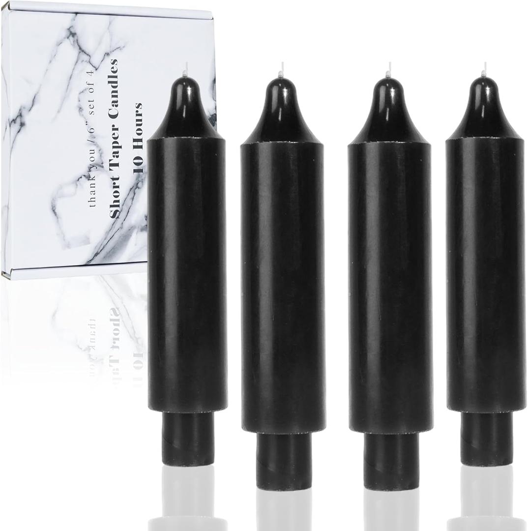 LPUSA Black Short Taper Candles 6 inch Candle Sticks Unscented Dinner Candle Dripless for Home Decor, Set of 4