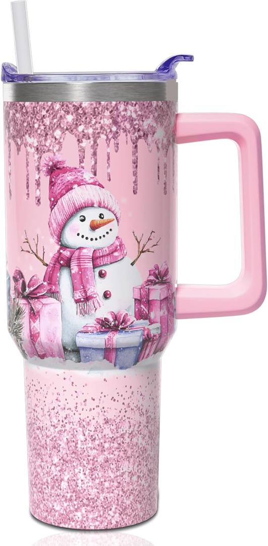 40 oz Christmas Tumbler with Handle and Straw, Stainless Steel Insulated Snowman Tumbler 40 oz, Reusable Pink Snowman Cup with Leak Proof Lid, Christmas Gifts for Women