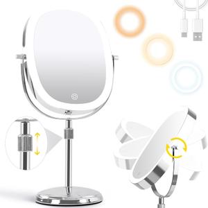 9'' Lighted Makeup Mirror with 1x/7x Magnification, Height Adjustable Vanity Mirror, 3 Color Light Lighted Mirror with Magnification, Rechargeable 360 Swivel Double Sided Makeup Mirror, Chrome
