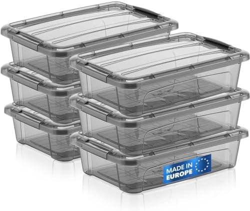 Tribello Small Storage Container Bin With Lids, Plastic Storage Container With Latching Lids For Organizing - Tinted - (11.5’ x 8” x 3”) 3 Quart - Set of 4 - Made in EU