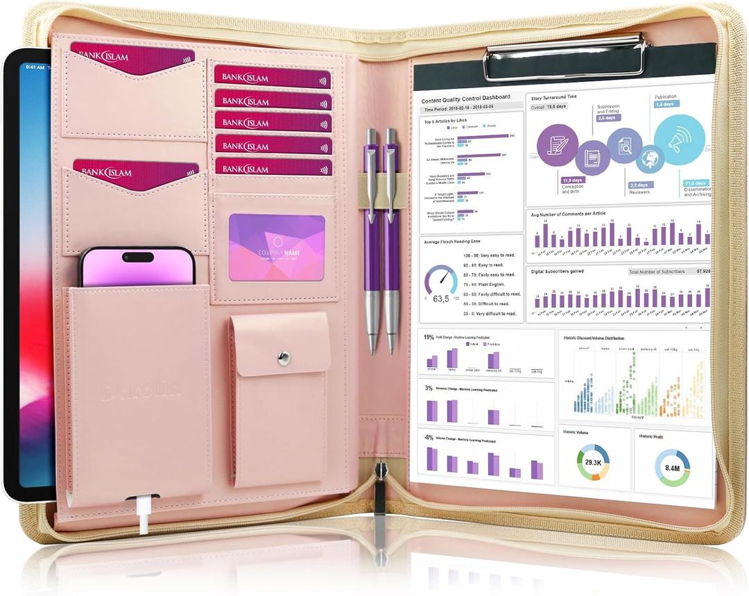 Darolin [Zippered] Portfolio Padfolio Organizer Binder with Clipboard, Leather Business Interview Resume Document Holder Folder Planner Organizer for Office Conference Notepad Bag for Women - RoseGold