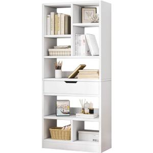 IOTXY Wooden Open Shelf Bookcase - 61" Height Free Standing Display Storage Cabinet Organizer with 8 Cubes and a Drawer, Floorstanding Bookshelf, Warm White