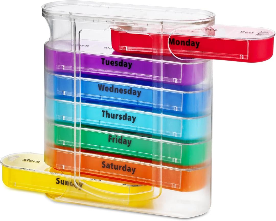 MEDca Weekly Pill Organizer, Four Times-a-Day, 1 Dispenser with Stackable AM/PM Compartments (Multicolor)
