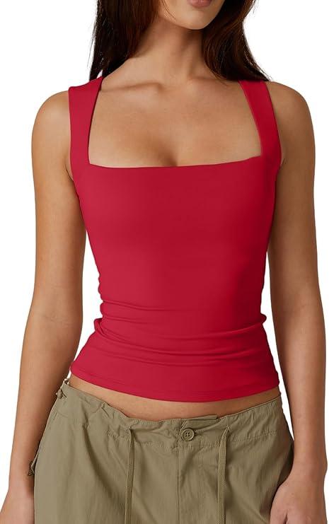 QINSEN Women's Square Neck Sleeveless Double-Layer Tank Tops Basic Tight T Shirts XL