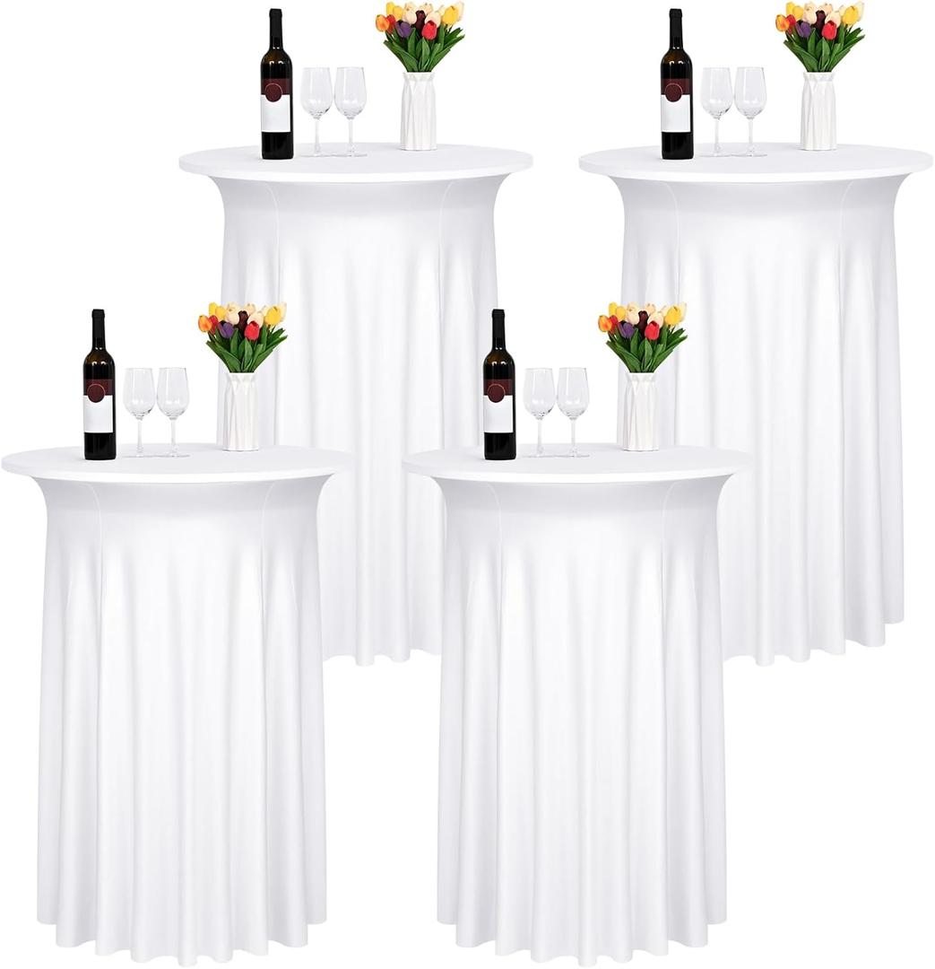 4 Pack White Round Cocktail Table Skirt, 32" x 43" Spandex Stretch Cocktail Tablecloth with Wavy Drapes, Fitted High Top Table Covers for Wedding Parties, Patio, Bar, Banquet