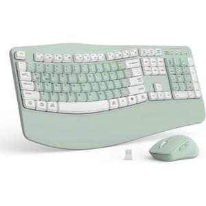Wireless Keyboard and Mouse Combo,2.4G Full Size Wave Keys Ergonomic Keyboard with Wrist Rest for Natural Typing, 3 DPI Adjustable Ergonomic Mouse for Computer/Laptop/Windows/Mac (Avocado Green-A)
