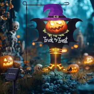 Halloween Graden Flag Solar Lights with Pole, Trick or Treat Double Sided Witch Feet Flag Banner 17.7 x 11.8. Inch 16 Warm White LED with 8 Modes Solar Panel, Decorations for Outdoor, Yard