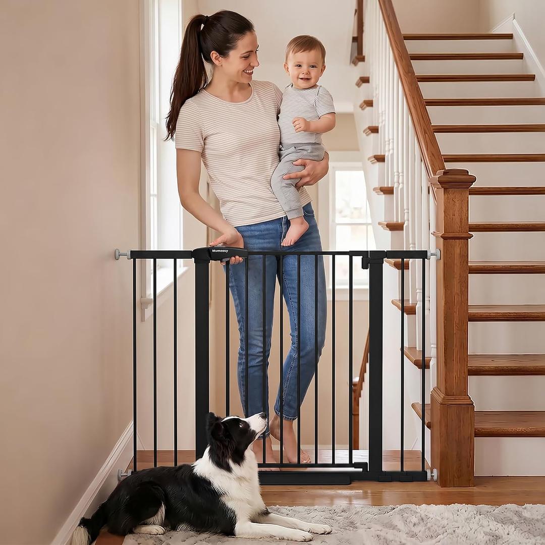 Mumeasy 29.6-46" Baby Gate for Stairs, Pressure Mounted Dog Gate for Doorways, Auto Close Pet Gate for Indoor Use, Extra Wide Child Gate with Walk Thru Door Black, Mom's Choice Awards Winner