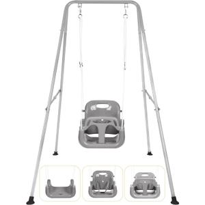 3-in-1 Toddler Swing Set, Foldable Baby Swing Set for Indoor & Outdoor Heavy Duty Baby Swing with Stand for Ages 6 Months to 10 Years Old, Easy to Assemble and Store (Grey)