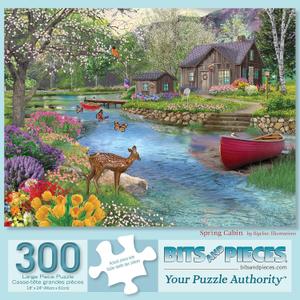 Bits and Pieces 300 Piece Jigsaw Puzzle for Adults Spring Cabin - Forrest River Boat Pier Flower Tree Nature Bloom Jigsaw Puzzle by Artist Bigelow Illustrations, Completed Puzzle Size: 18" x 24"