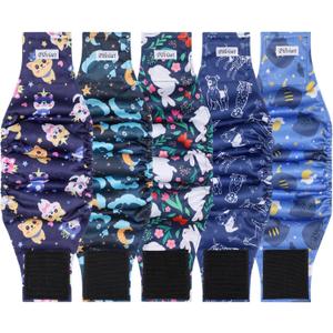 5 Pack Washable Diapers for Male Dogs, Belly Bands for Male Dogs, High Absorbing Male Dog Pee Wraps for Doggie in Incontinence or Excitable Urination and Training, S (Cute Dog Pattern)