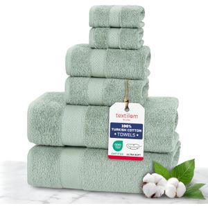 TEXTILOM 100% Turkish Cotton 6 Pcs Luxury Bath Towels, Soft & Absorbent Bathroom Towels Set (2 Bath Towel, 2 Hand Towel, 2 Washcloths)- Green (6 Pcs Towel Set)