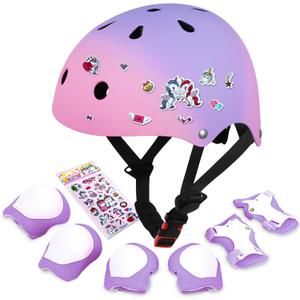 Kids Bike Helmet with DIY Stickers and Knee Pads Elbow Pads Wrist Guard Set for Ages 3-8-14 Toddler Boys Girls Helmet for Roller Skates Cycling Skateboarding Bicycle Scooter (Medium, Pink Violet)
