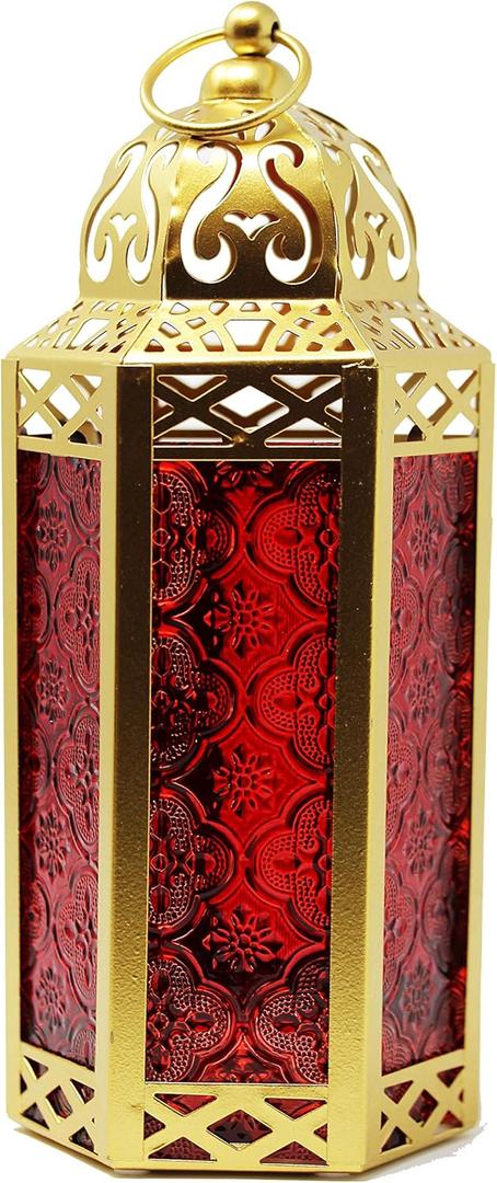 VELA LANTERNS 10.5" Gold Moroccan Candle Lantern Decorative Candle Holder Lamp for Table or Hanging, Ramadan Decorations, Indoor Home Decor, Outdoor Patio or Porch, Weddings, Red Glass, Medium
