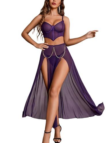 Avidlove Women Lingerie Babydoll Chemise 3 Piece Set Mesh Side Split Nightgown Purple, Large