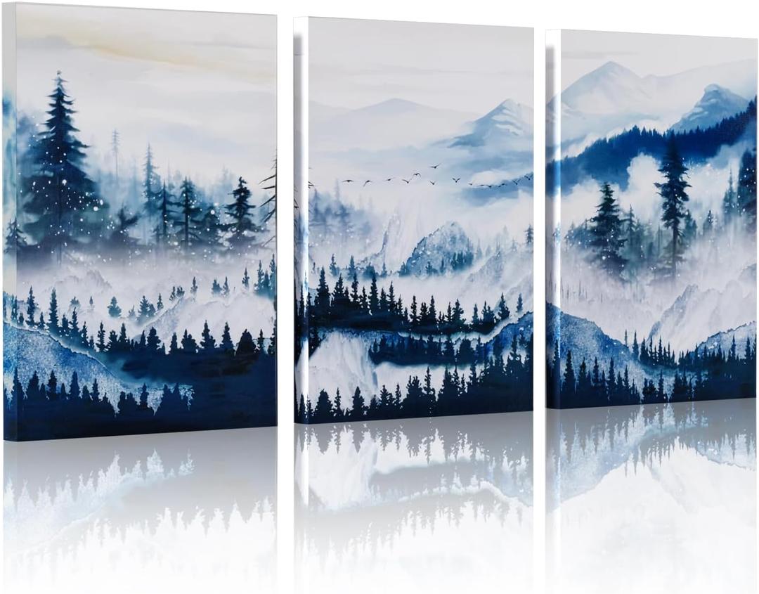 FAEFTY Wall Art for Living Room Set of 3 Painting Abstract Forest Mountain Landscape Painting Decor for Bedroom Office, 3 Piece Canvas Framed Art Ready to Hang Pictures Home Decor- 12x16 Inches (Ink Blue)