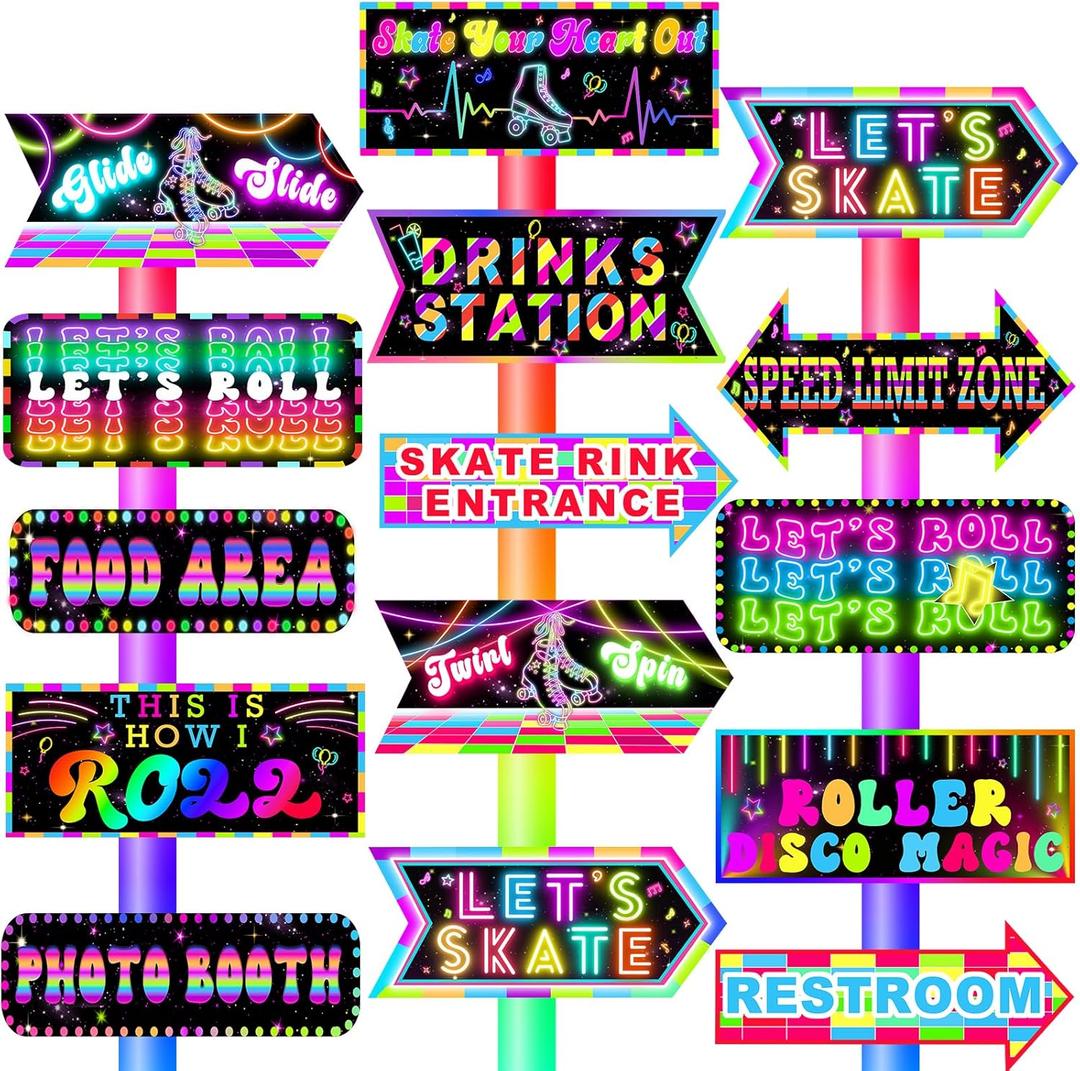30 Pieces Roller Skating Party Decorations - Skating Themed Directional Signs for Birthday Parties, Celebrations, and Roller Rink Events