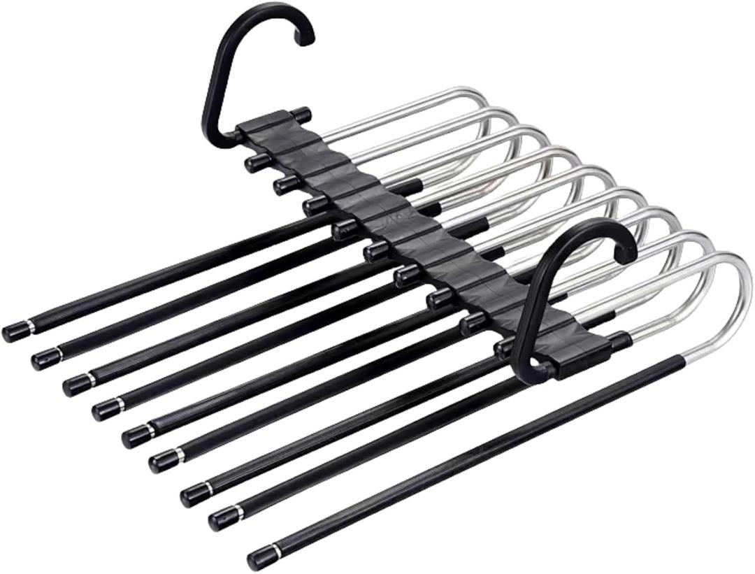 2Pack 9 Layers Foldable Pants Hangers Space Saving Trouser Hanger Multifunctional Trouser Rack Hanger Hanging Hole for Wardrobe Trousers Scarf Jeans (Black)