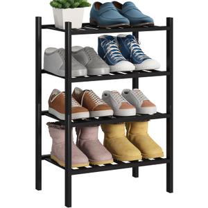 BMOSU 4-Tier Bamboo Small Shoe Rack Premium Stackable Shoe Shelf Storage Organizer for Hallway Closet Living Room Entryway Organizer (Black Bamboo)