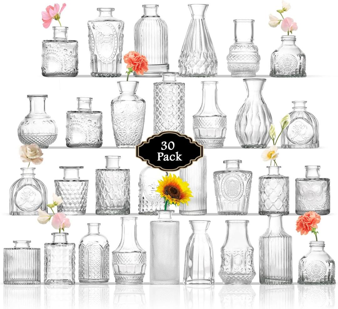 Bud Vases in Bulk 30, Clear Glass Bud Vases for Centerpieces, Small Vase for Flowers, Mini Vintage Flower Vase for Centerpieces, Wedding Table Decor, Home Decor