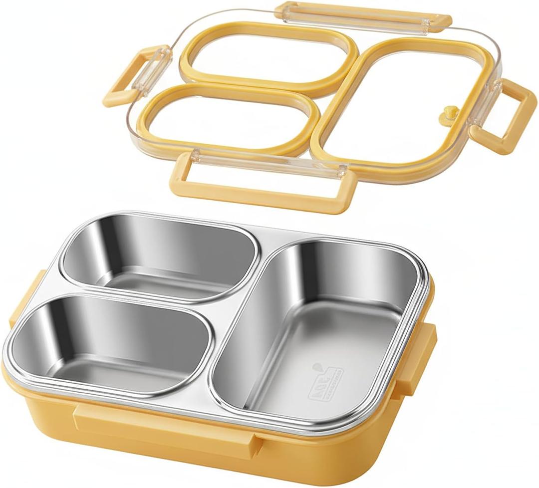304 Stainless Steel Lunch Box for Adults & Kids, 25oz Leakproof Metal Bento Box with 3 Compartments, BPA-Free, Reusable & Dishwasher Safe Food Container for School,Office,Picnic,Travel(Yellow)
